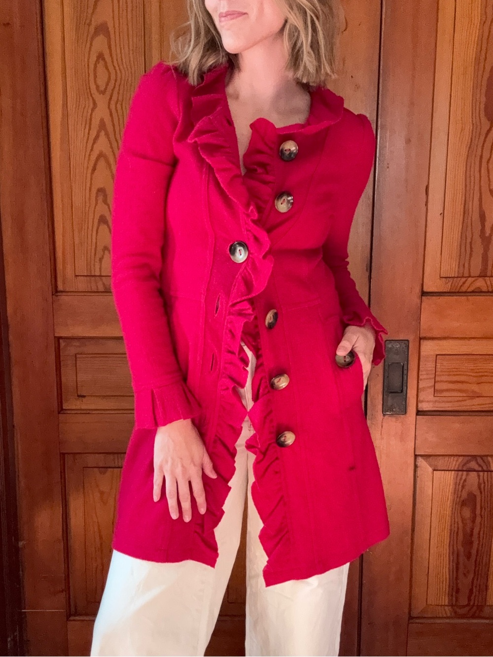 Luii Bright Pink Ruffle-Trim Trench Coat